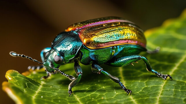 Iridescent Beetle on Leaf Generative AI