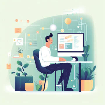 UX and UI vector illustration of a man working in his office in green, orange, white, and blue colors