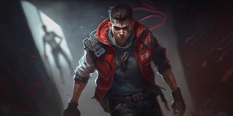 An action shot of a young man wearing a red vest, Generative AI