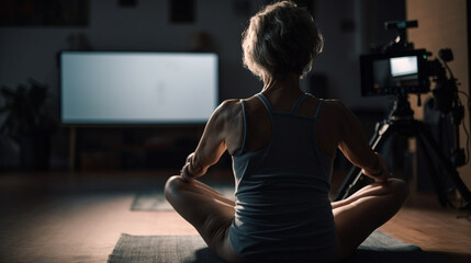 Senior woman doing yoga in living room at home. generative ai