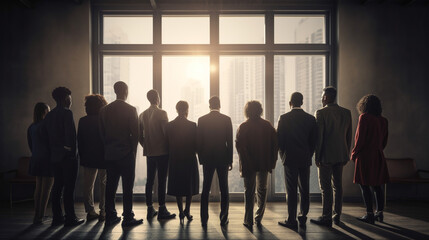 Business People Meeting Corporate Teamwork Concept. Rear view of diverse businesspeople standing together in office.generative ai