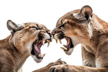 Naklejka premium two isolated mountain lions and cougars battling, wrestling, fierce mountain-themed photorealistic illustration on a transparent background in PNG. Generative AI