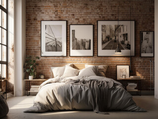 Bedroom Industrial interior style: An exposed brick accent wall with a simple black and white gallery wall, featuring a mix of photography and graphic art prints