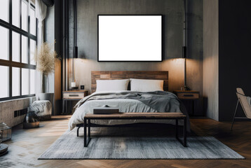 Bedroom Industrial interior style: A bold graphic area rug in black and white, paired with metal and wood bedside tables and a modern task lamp
