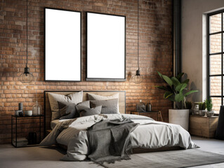 Bedroom Industrial interior style: An exposed brick accent wall with a simple black and white gallery wall, featuring a mix of photography and graphic art prints