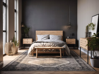 Bedroom Industrial interior style: A bold graphic area rug in black and white, paired with metal and wood bedside tables and a modern task lamp