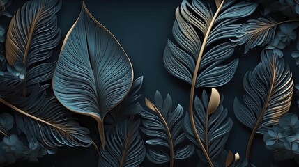 Luxury dark blue background with blue and gold leaves Generative AI