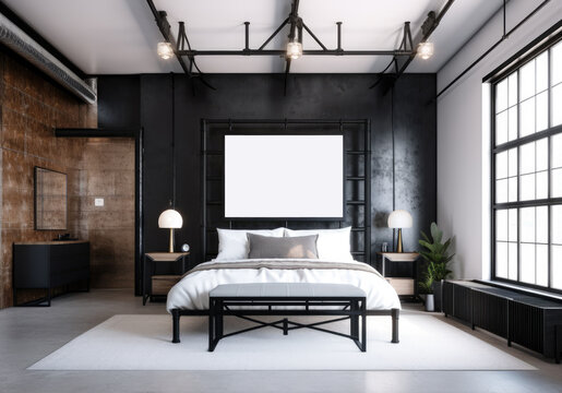 Bedroom Industrial interior style, A bold graphic wallpaper or accent wall in black and white or muted metallic finish, paired with a modern and minimalist bed frame and crisp white bedding