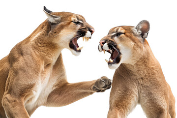 two isolated mountain lions and cougars battling, wrestling, fierce mountain-themed photorealistic illustration on a transparent background in PNG. Generative AI
