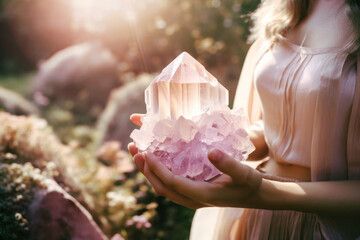 Closeup of woman holding a large pink amethyst crystal outdoors in her hands.  Generative AI. 