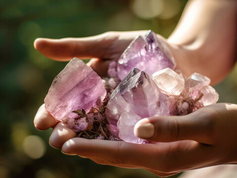 Closeup of woman holding a bunch of pink and purple amethyst crystals outdoors. Generative AI. 