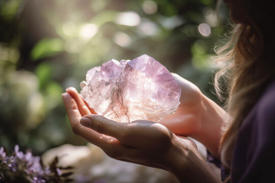 Closeup of woman holding pink amethyst crystals outdoors. Generative AI. 