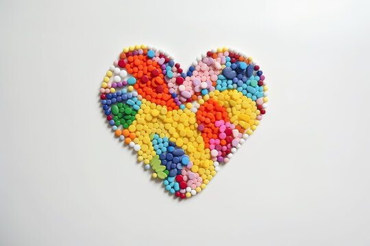 heart made of colorful tablet medicine, pharmacy. AI generative image.