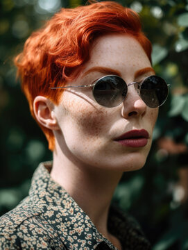 Closeup portrait of redhead non-binary person in their 20's outdoors in nature.. Generative AI.