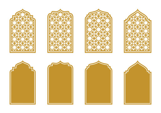 Set Of Gold Islamic Or Arab Windows Arc Collection. Vector Illustration