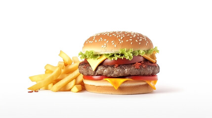 Hamburger and french fries isolated on white. Generative AI