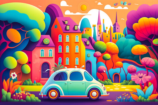 Voiture en ville au printemps, paysage de dessin animé - Générative iA © Concept Photo Studio