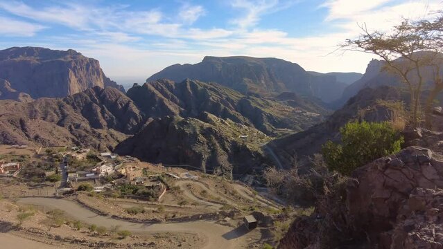 Nizwa, Oman: Panoramic view of the Jabal Al Akhdar mountain near Nizwa in the mountains in Oman in Arabic peninsula in the middle east. 