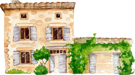 Fototapeta premium Watercolor house, wedding venue, countryside celebration, summer house, cottage, vineyard hotel