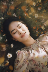 Beautiful portrait photo of an asian woman lying in a flower field smiling