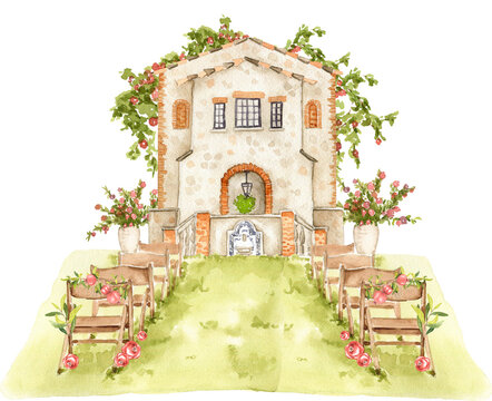Watercolor church, wedding venue, ceremony, rustic celebration, pomegranate garden