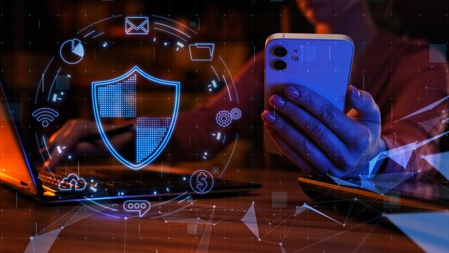 Network security. Digital wallet, secure online payments. Protection of personal data from hackers. Cybersecurity on the Internet. VPN work on a laptop. Mobile payments. Antivirus