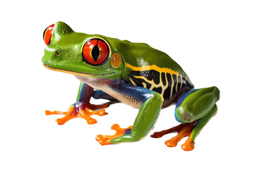 Obraz premium an isolated red-eyed tree frog, side-view portrait, rainforest-themed photorealistic illustration on a transparent background in PNG. green frog. Agalychnis callidryas. Generative AI