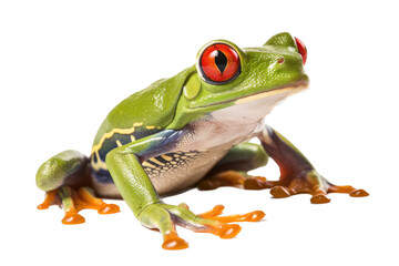 Fototapeta premium an isolated red-eyed tree frog, side-view portrait, rainforest-themed photorealistic illustration on a transparent background in PNG. green frog. Agalychnis callidryas. Generative AI