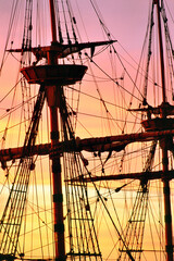 Pilgrim Fathers sailing ship the Mayflower. Reconstruction at Plymouth, Cape Cod, Massachusetts, USA. Fore and main mast rigging and crows nest