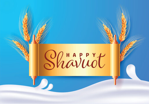 Happy Shavuot. Milk, wheat. Vector illustration. Dripping milk. Vector realistic isolated greeting card Shavuot Jewish holiday and wheat for decoration and covering. Concept of Happy Shavuot
