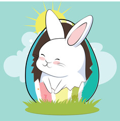 Happy Easter, decorated easter card, banner. Bunnies, Easter eggs, flowers and basket. Folk style patterned design. . Vector illustration