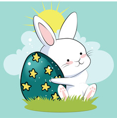 Happy Easter, decorated easter card, banner. Bunnies, Easter eggs, flowers and basket. Folk style patterned design. . Vector illustration