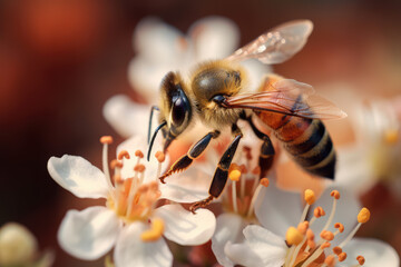Honey bee collecting pollen on the flower, nectar collecting production of natural honey closeup of honey, macro concept illustration, generative ai - obrazy, fototapety, plakaty