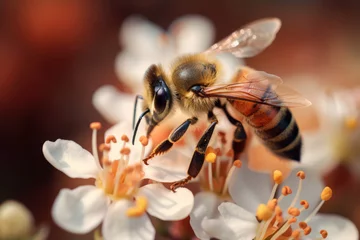 Fotobehang Honey bee collecting pollen on the flower, nectar collecting production of natural honey closeup of honey, macro concept illustration, generative ai © AdamantiumStock