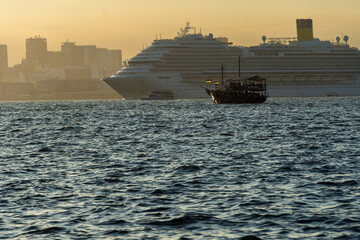 Transatlantic ship in Guanabara Bay in Rio de Janeiro, Brazil with a hill in the background....