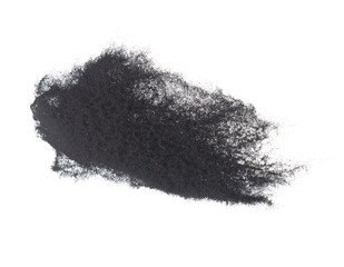 Small size black Sand flying explosion, carbon dust sands grain explode. Abstract cloud fly. Black colored sand splash throwing in Air. White background Isolated high speed shutter, throwing freeze