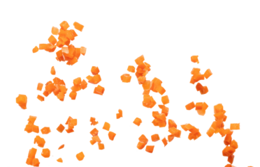 Carrot fresh fly float in Air turn to Cube dice shape. Beta Carotene orange color in Carrot is good health. Many Dice cube carrot flying throw up in Air. White background isolated, high speed