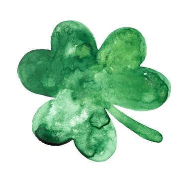 Watercolour illustreation of green clover leaf with artistic brushstrokes and paint stains. Hand drawn water color sketchy painting on white backdrop, isolated cut out clipart element for design.