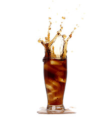 Ice Coffee Drink and Ice Tea tall glass splash up in Air. Cold brew ice coffee tea in cool glass...