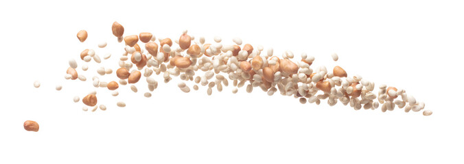 Mix white peanut beans fall down explosion, several kind bean float explode, abstract cloud fly. Dried white peanut mixed beans splash throwing in Air. White background Isolated high speed shutter