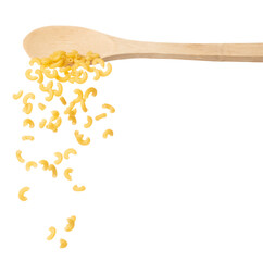 Macaroni fall on wooden spoon, yellow macaronis pasta float explode, abstract cloud fly. Curved macaroni pasta splash throwing in Air. White background Isolated high speed shutter, freeze motion
