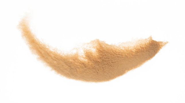 Small size fine Sand flying explosion, Golden grain wave explode. Abstract cloud fly. Yellow colored sand splash silica in Air. White background Isolated high speed shutter, throwing freeze shot