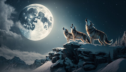 wolves with the moon in the night generative art