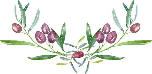 Watercolor olive branch, save the date, greenery with olives, invitation clipart