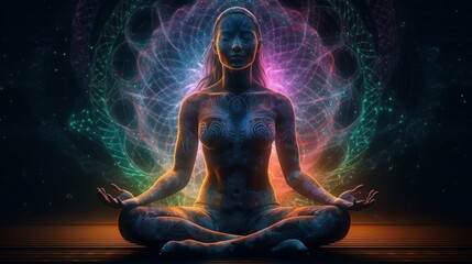 Woman in meditation. Universe on background. Ai