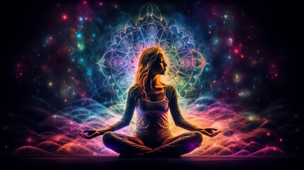 A woman meditates in the lotus position. Universe on background - obrazy, fototapety, plakaty