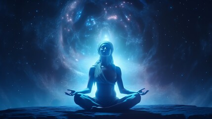 A woman meditates in the lotus position. Universe on background. - obrazy, fototapety, plakaty