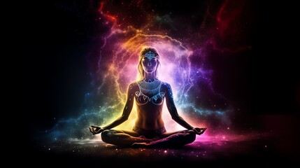 A woman meditates in the lotus position. Universe on background. Ai