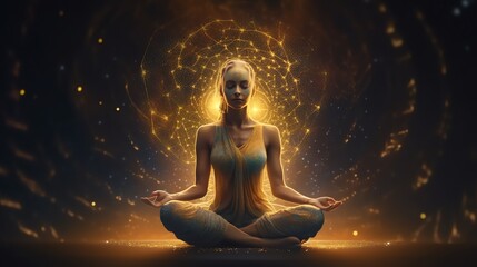 Meditating woman. Golden background