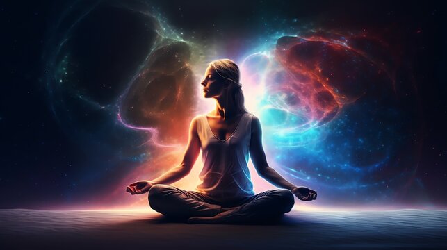 A woman meditates in the lotus position. Magic background. Ai